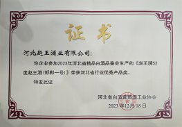 赵王酒业喜获“河北省行业优秀产品奖”